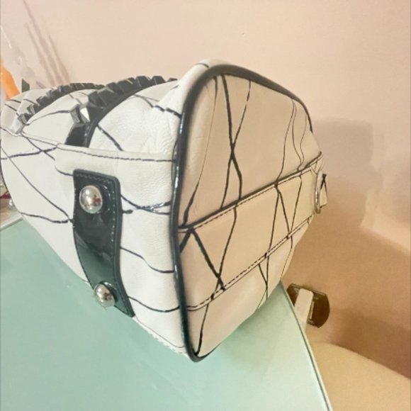 L.A.M.B. White Leather With Black Stripes & Black Studded Top Handle Satchel - Picture 6 of 12